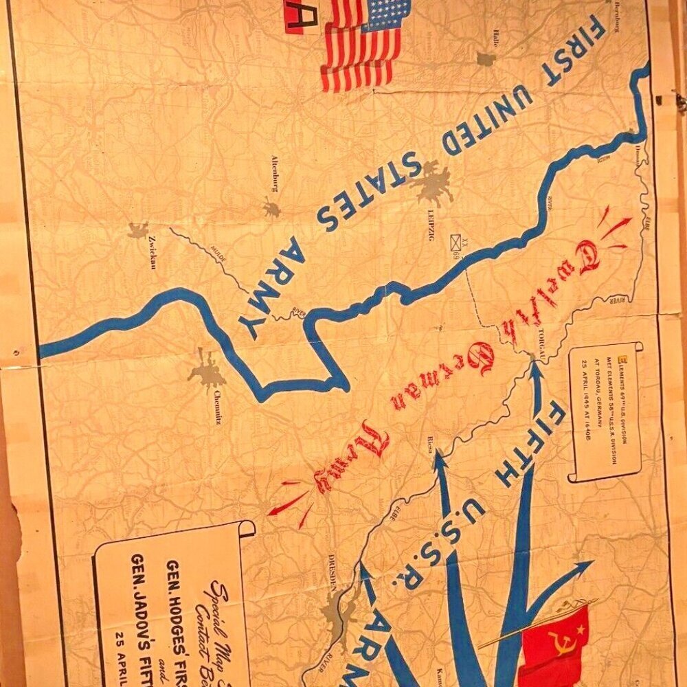 ORIGINAL RARE World War 2 Map - Elbe Day 1945 - 22x29in​